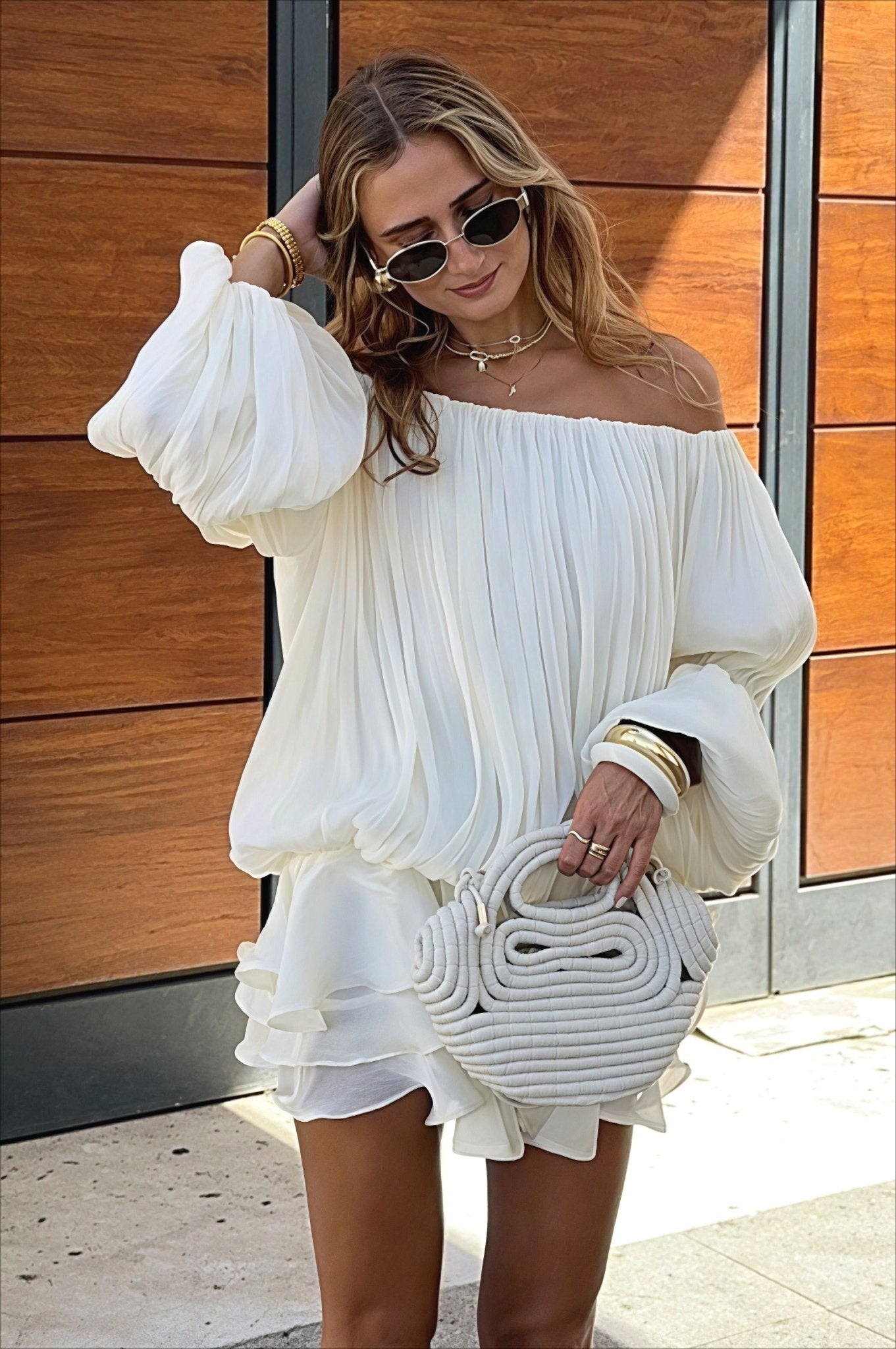 Bianca Off-Shoulder Rüschen Stufen-Minikelid