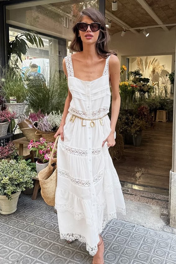 Celeste Boho Koronkowe Patchwork Maxikleid z Falbanami