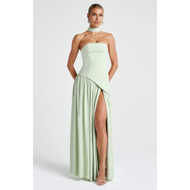 Kobiece Wieczorowe Sukienka Bez Ramiączek - Elegancka Asymetryczna Sukienka Maxi z Wysokim Rozporkiem