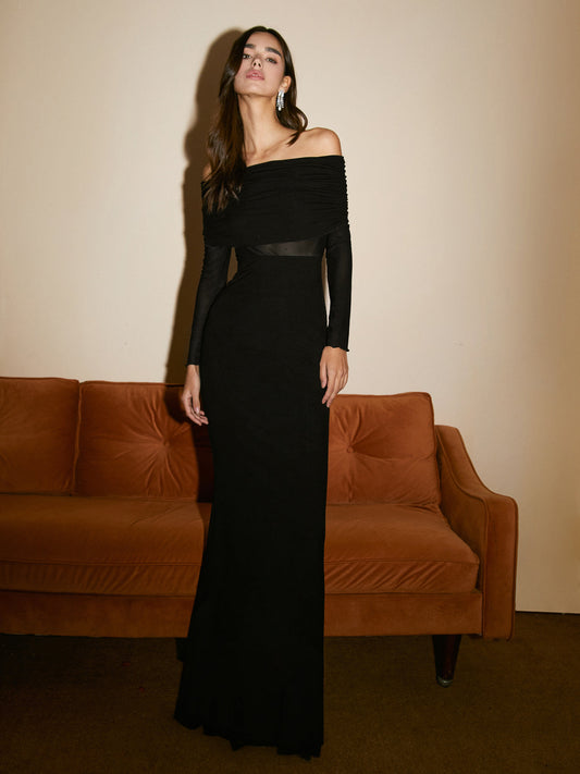 Długa Sukienka Maxi z Odkrytymi Ramionami i Siateczką