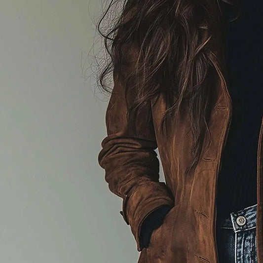 Brązowy Długi Płaszcz Zamszowy dla Kobiet - Miękka Tekstura Zamszu