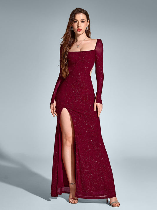 Cut Out Backless Glitter Maxi Dress – Sparkly Slim Fit Party Gown with Mermaid Hem & Split Thigh