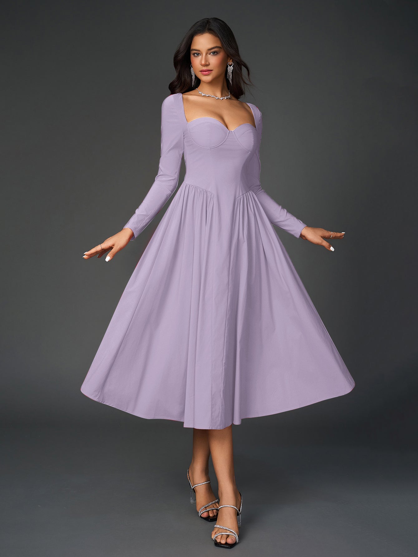 Sukienka maxi z długim rękawem i wiązaniem na plecach, o kroju litery A – elegancka, z dekoltem w kształcie serca i marszczeniami