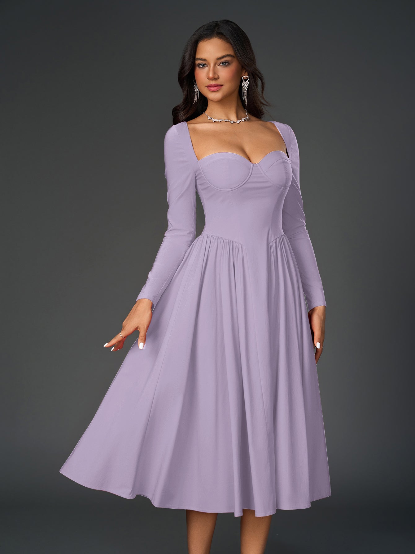 Sukienka maxi z długim rękawem i wiązaniem na plecach, o kroju litery A – elegancka, z dekoltem w kształcie serca i marszczeniami