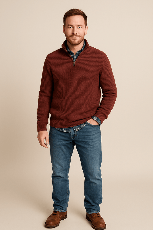 Męski sweter z półsurowym zamkiem – Wszechstronny sweter z prążkowanej dzianiny z wysokim kołnierzem