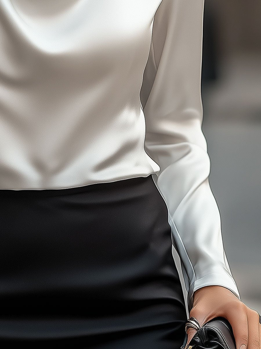 Sukienka satynowa damska z drapowanym dekoltem – Elegancka bluzka z długim rękawem