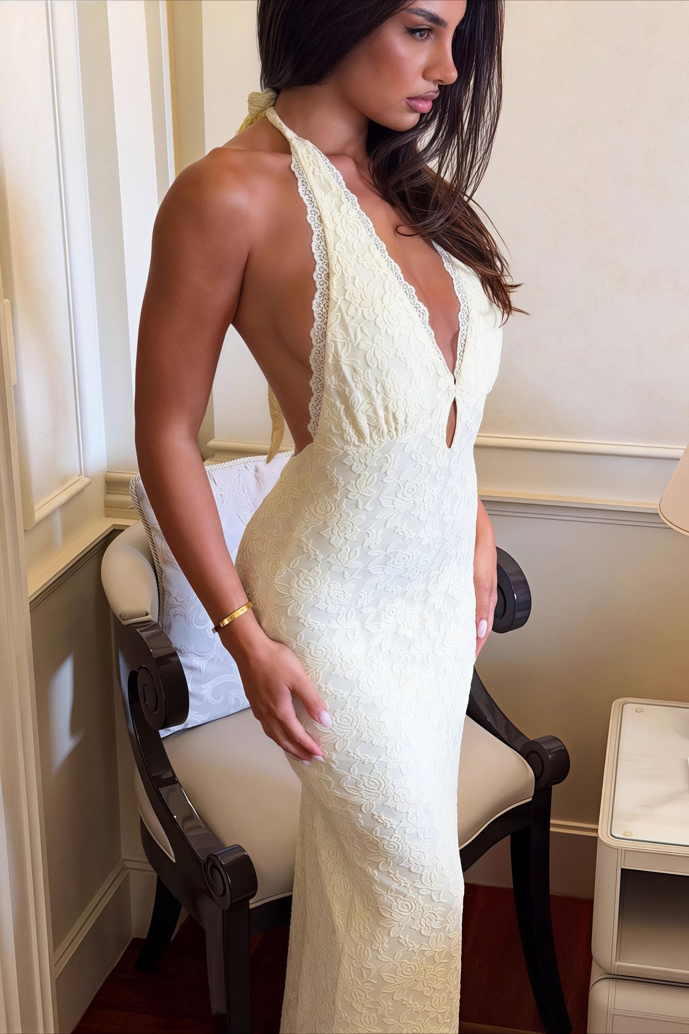 Bianca Koronkowa Sukienka Halter Bodycon Maxi