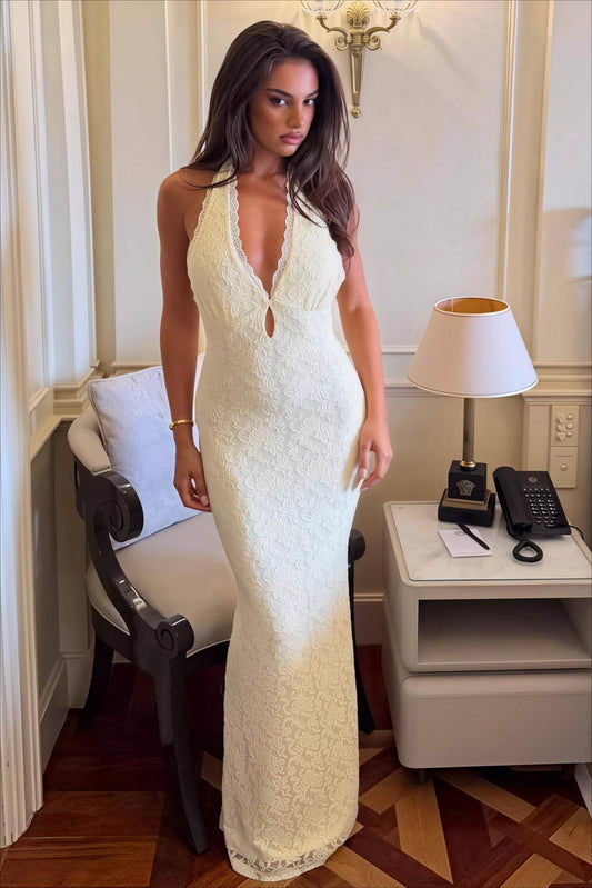 Bianca Koronkowa Sukienka Halter Bodycon Maxi