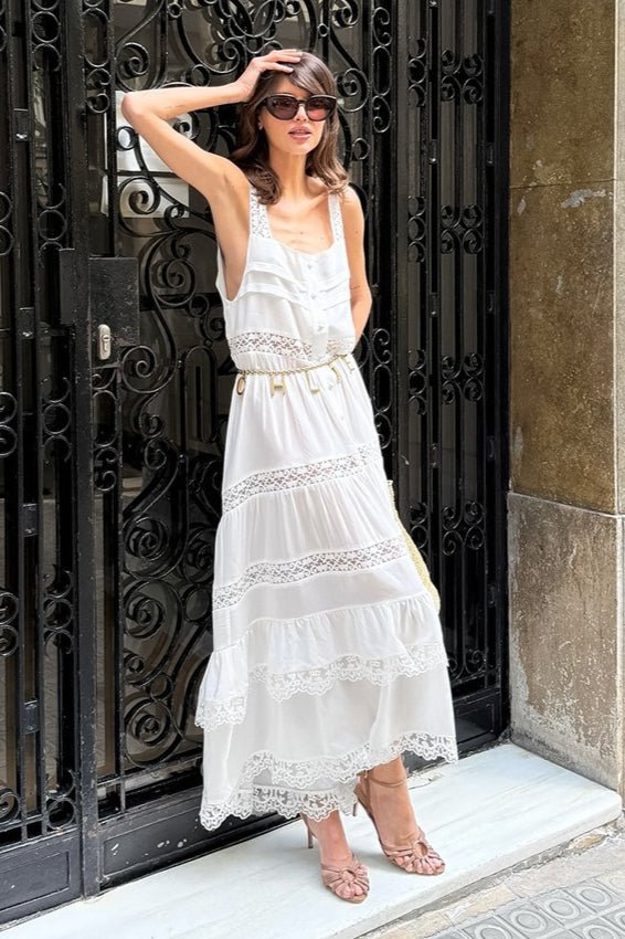 Celeste Boho Koronkowe Patchwork Maxikleid z Falbanami
