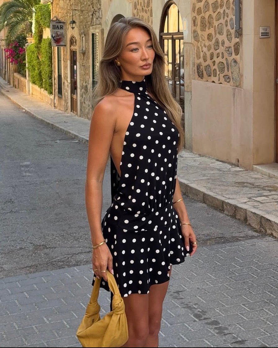 Sukienka mini z dekoltem halter i odkrytymi plecami w grochy Serena