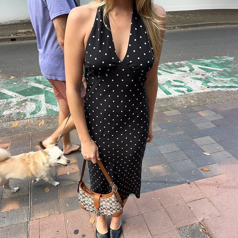 Sukienka Maxi Bianca w kropki z dekoltem na szyi