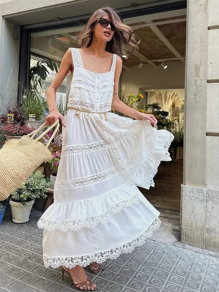 Sukienka maxi Bianca z koronkowym patchworkiem