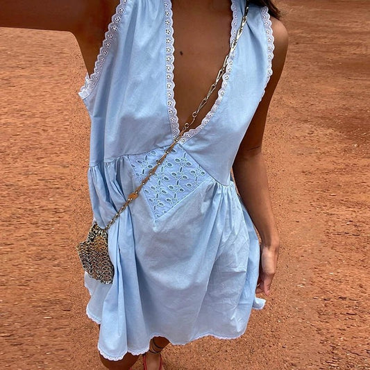 Olivia Boho Sukienka Mini z Koronkowym Wykończeniem