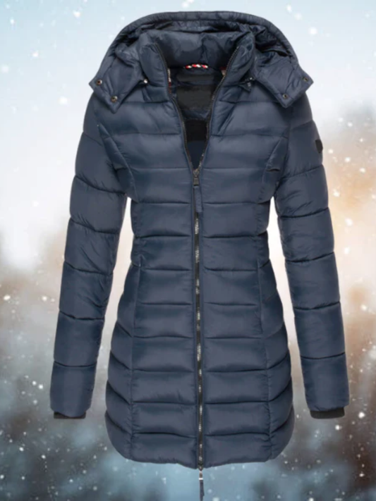 Damska Długa Kurtka Puchowa z Kapturem na Zimę - Ciepła Lekka Kurtka